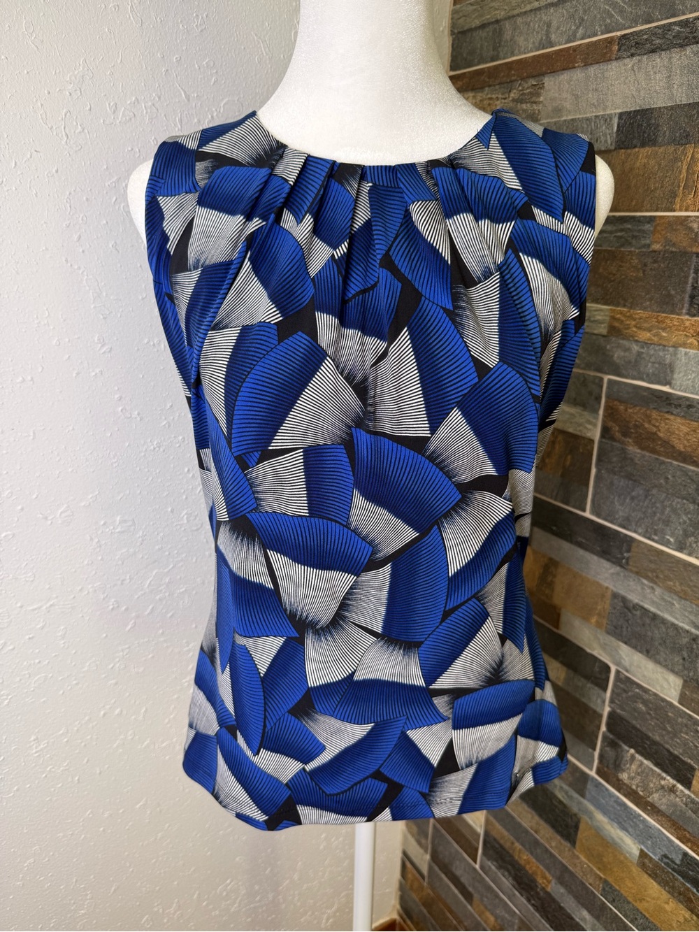 Calvin Klein Blue and Black Geometric Pleated Neck Blouse Size Small